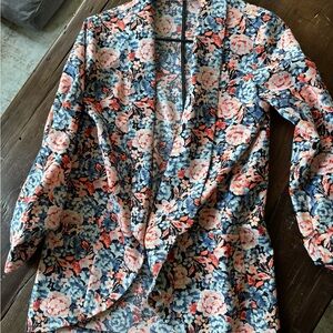 Lush Floral Open-Front Blazer in Navy, Coral & Cream